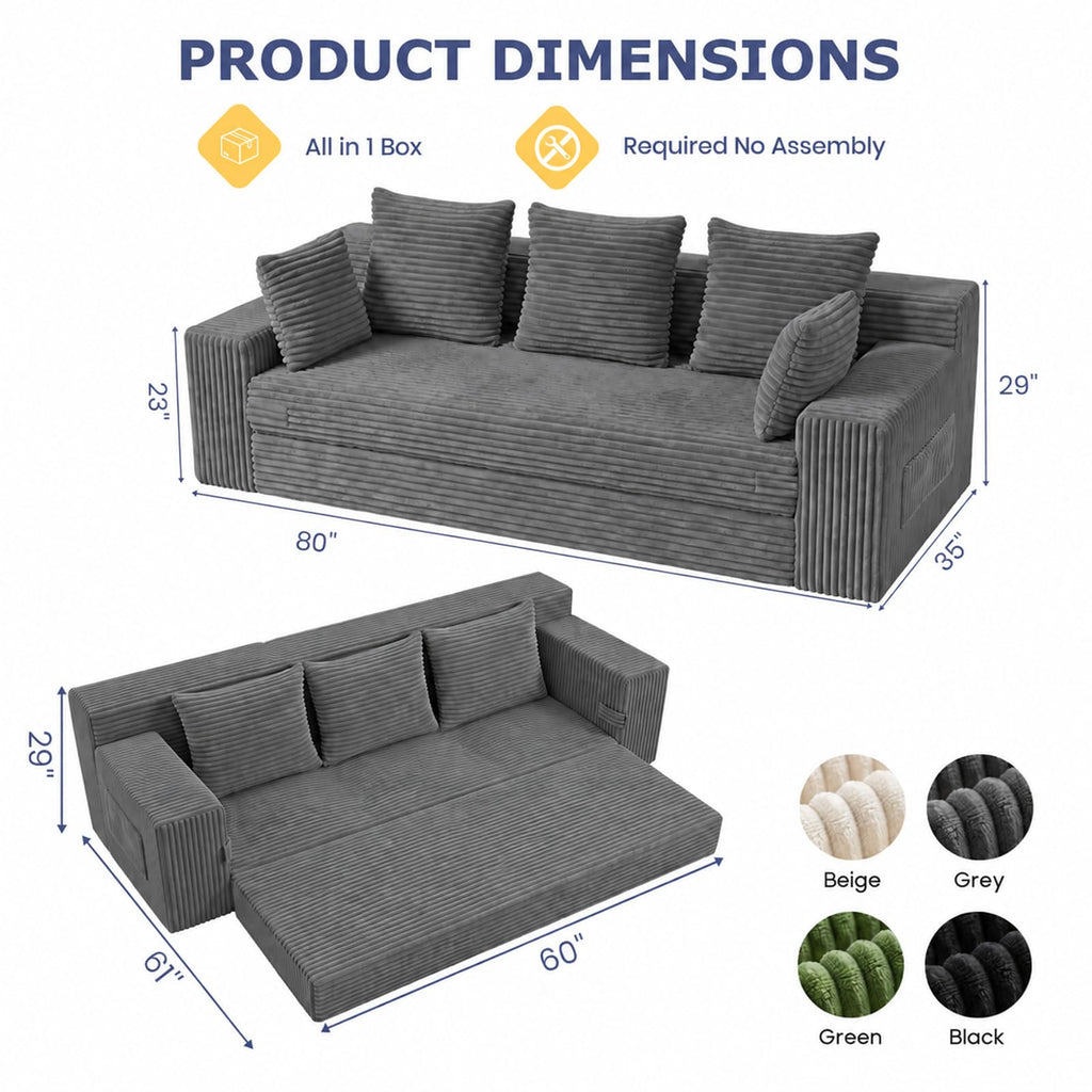 cidludto Convertible Sofa Bed, 3 in 1 Loveseat Folding Couch Bed Foldable - Chaise Lounge Chair & Floor Futon Sofa, Corduroy Pull Out Sofa Bed with 4 Pillows for Living Room, Beige