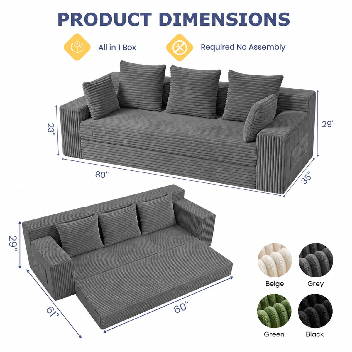 cidludto Convertible Sofa Bed, 3 in 1 Loveseat Folding Couch Bed Foldable - Chaise Lounge Chair & Floor Futon Sofa, Corduroy Pull Out Sofa Bed with 4 Pillows for Living Room, Beige