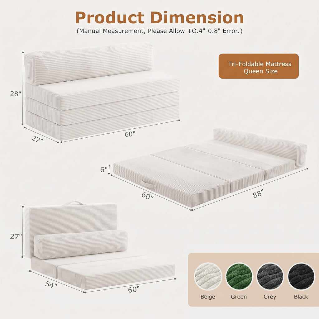 JUIKURY 6 Inch Tri-Fold Memory Foam Mattress Queen Size, 5 in 1 Convertible Sofa Bed, Foldable Floor Futon Sleeper Couch with Washable Cover & High-Density Foam, Portable Guest Bed for Living Room
