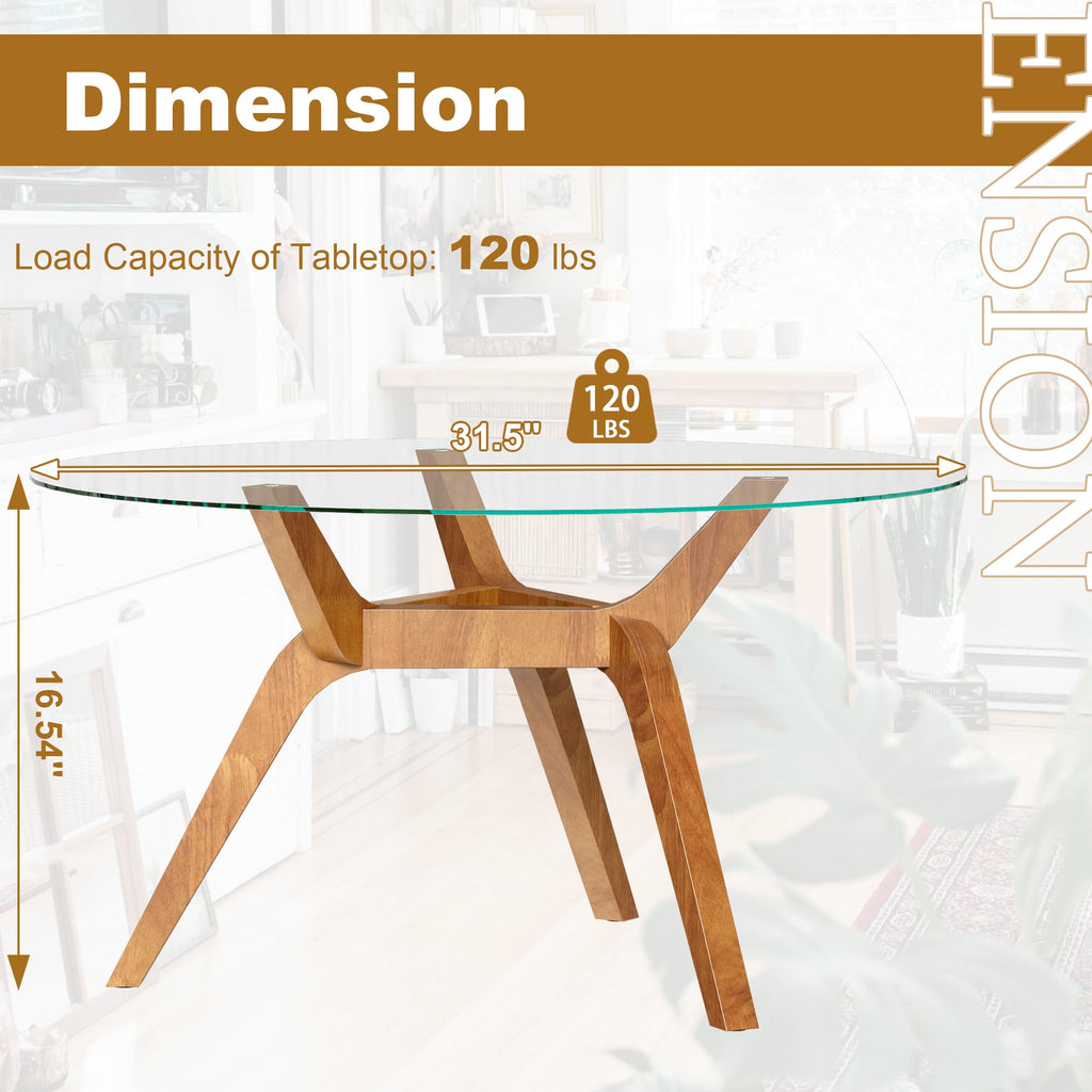 Glass Coffee Table, Small Round Coffee Tables with Solid Wood Legs, Mid Century Modern Center Table with Glass Top for Small Spaces, Living Room, 31.5x31.5x15.4