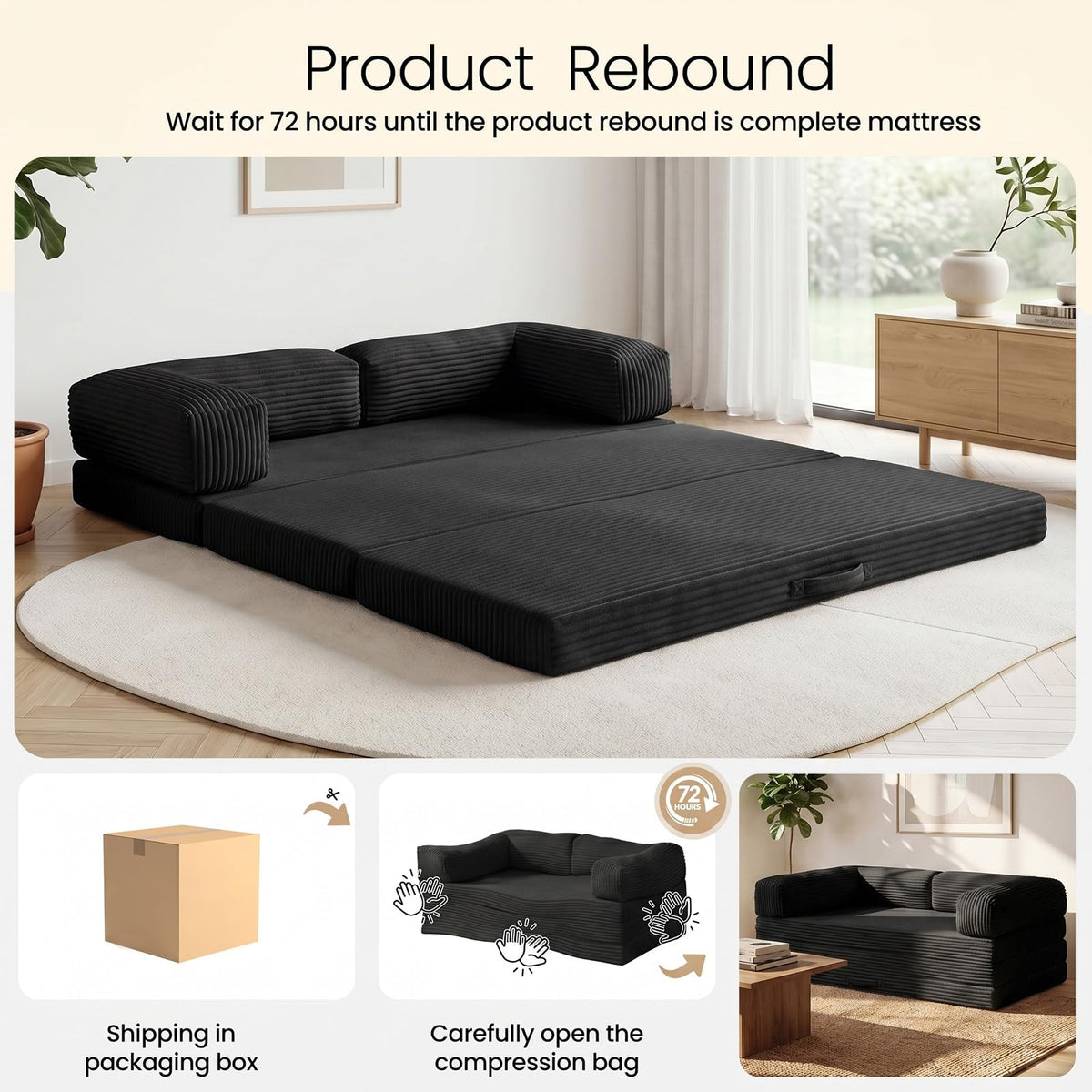 Erament Futon Sofa Bed Queen, Convertible Tri Folding Mattress Foldable with Removable Armrests & Washable Cover, 5-Inch Floor Mattress with High-Density Foam, Small Pull Out Couch Bed, Beige