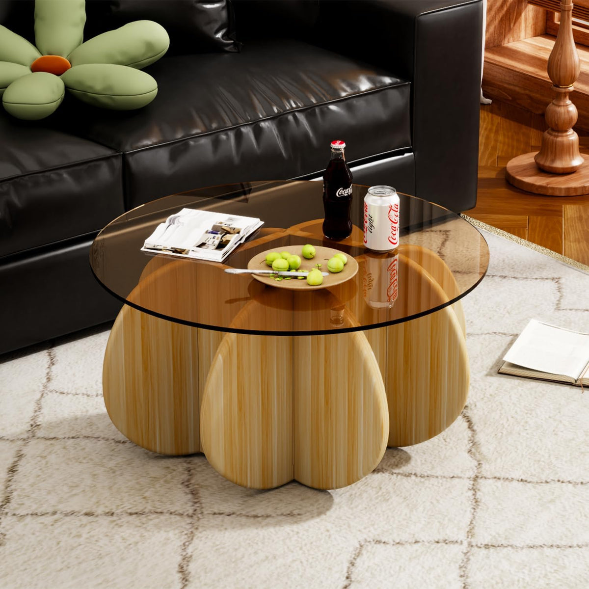 31.5'' Round Coffee Table with Tempered Glass Top, Modern Center Table for Small Spaces - Sturdy Walnut Board Frame, Simple Design for Living Room, Home, Office - Easy Assembly. (Walnut + Brown)