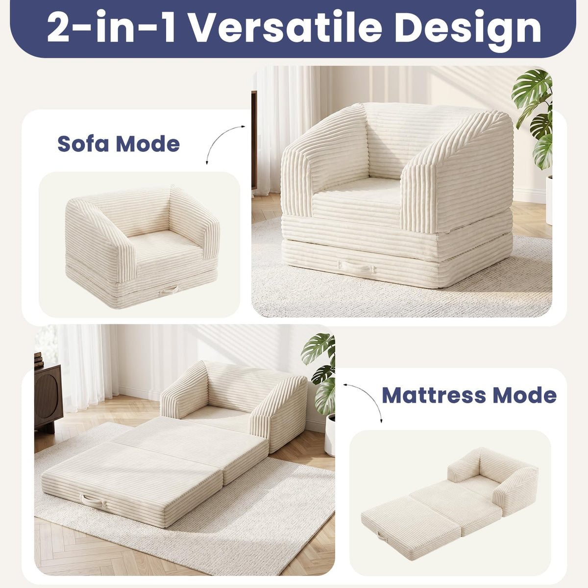 JUIKURY Convertible Sofa Bed, 3-in-1 Foldable Loveseat Couch with Armrest, Corduroy Floor Sofa & Sleeper Bed, No Assembly High-Density Foam Futon Mattress for Living Room, Small Apartment, Dorm