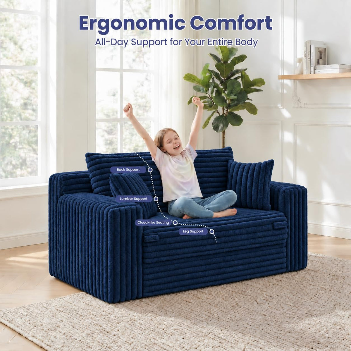3-in-1 Convertible Sofa Bed: Boneless Loveseat Sleeper & Folding Couch Bed with 4 Pillows & Detachable Cushion, Furry Futon Couch for Bedroom, Apartment, Office and Living Room, No Assembly, Orange