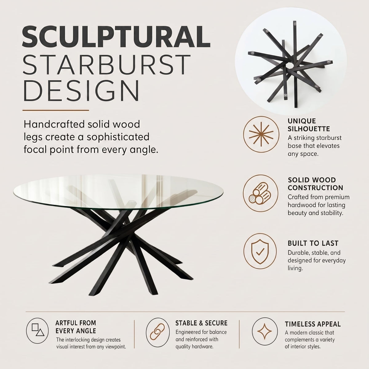 Round Glass Coffee Table-Mid Century Modern Solid Wood Coffee Table