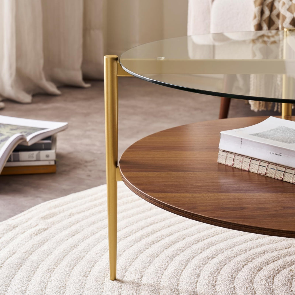 LumFurn Round Coffee Table for Living Room, Mid-Century Modern Design, D30 x H17, 2-Tier Structure, Grey Glass Top and Black Marble Finish Wood Shelf, Sleek Conical Metal Legs with Gold Finish Frame