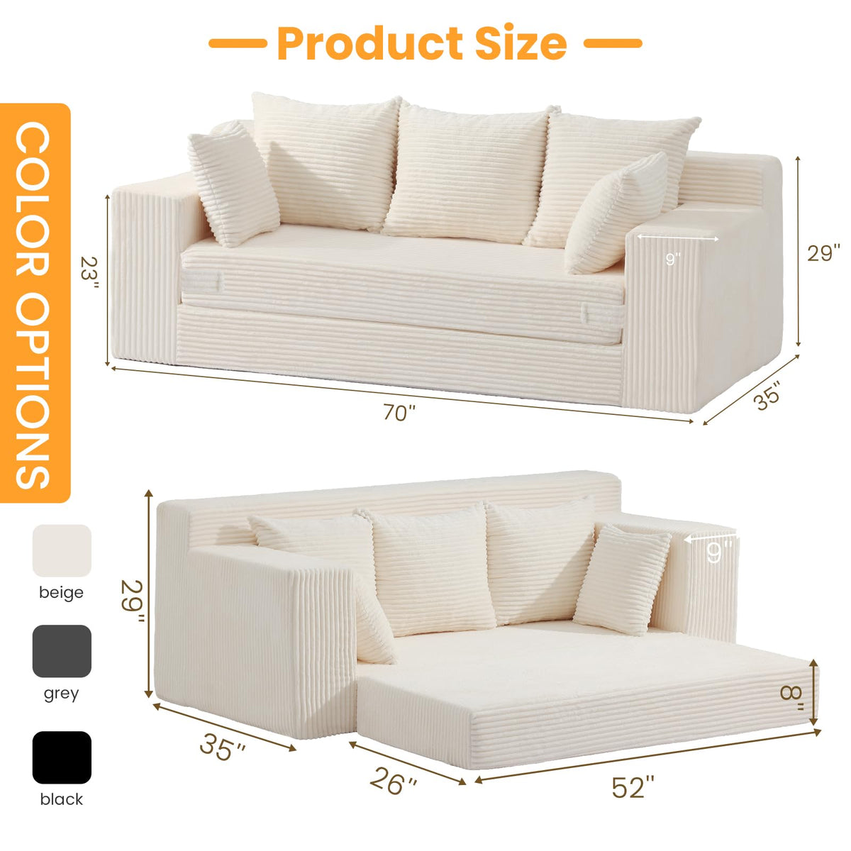 55" Small Boneless Couch, 3-in-1 Boneless Loveseat Sleeper Sofa Bed Convertible Sofa Bed with 4 Pillows, Black Corduroy Boneless Couch for Living Room, Guest Room, Small Space, No Assembly Required