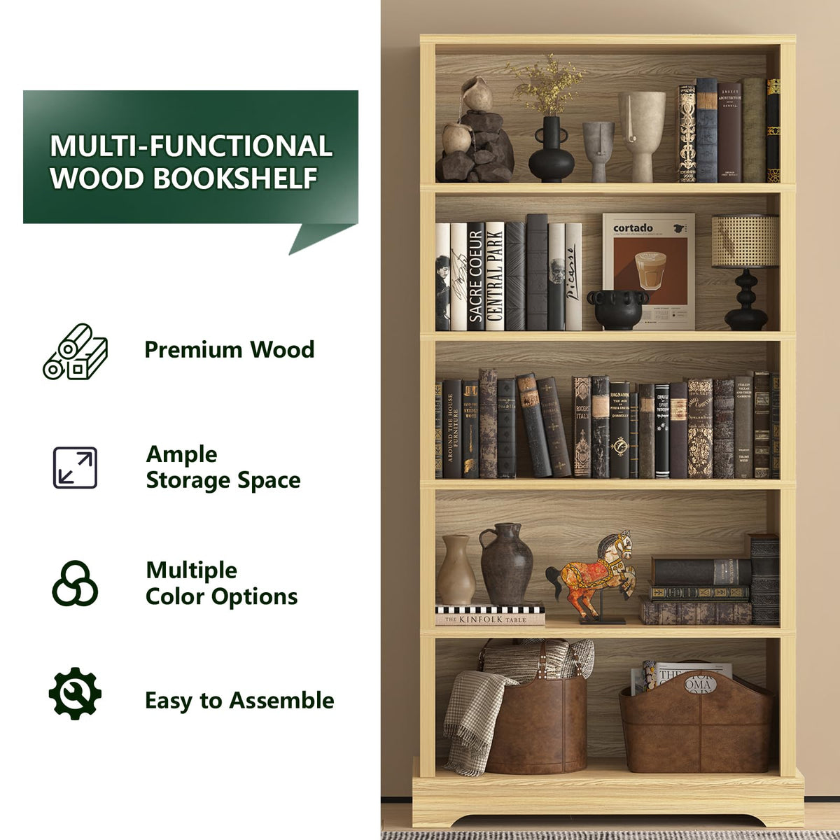 TVU 5 Tiers Wooden Bookshelf, 65.2" Tall Farmhouse Style Open Bookcase, 31.5" Wide Standing Book Shelf with Storage for Study Room, Living Room, Walnut Brown