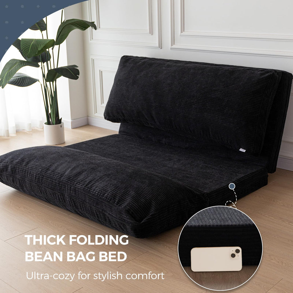 MAXYOYO Folding Sofa Bed, Extra Thick and Long Floor Sofa Convertible Chair with Washable Cover, Floor Couch Lounge Bean Bag Bed for Living Room, Dark Grey, 54x91 Inch
