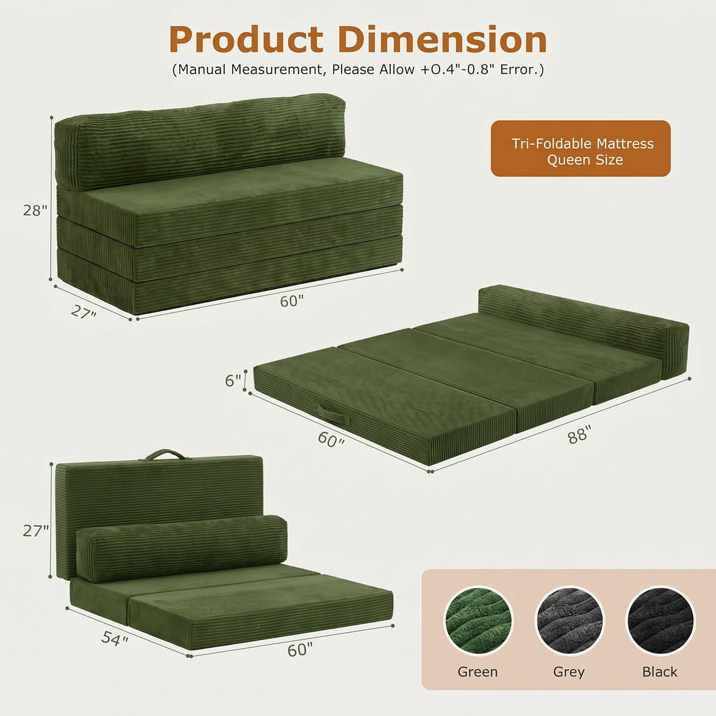 JUIKURY 6 Inch Tri-Fold Memory Foam Mattress Queen Size, 5 in 1 Convertible Sofa Bed, Foldable Floor Futon Sleeper Couch with Washable Cover & High-Density Foam, Portable Guest Bed for Living Room
