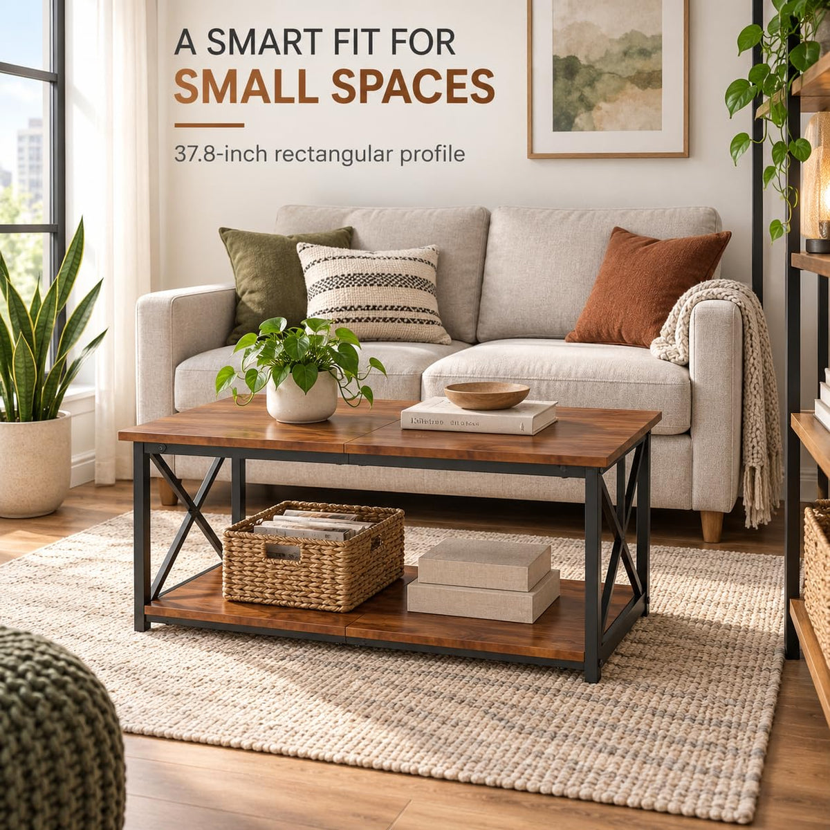 Manora Industrial Rectangular Coffee Table with Storage Shelf, Rustic Brown