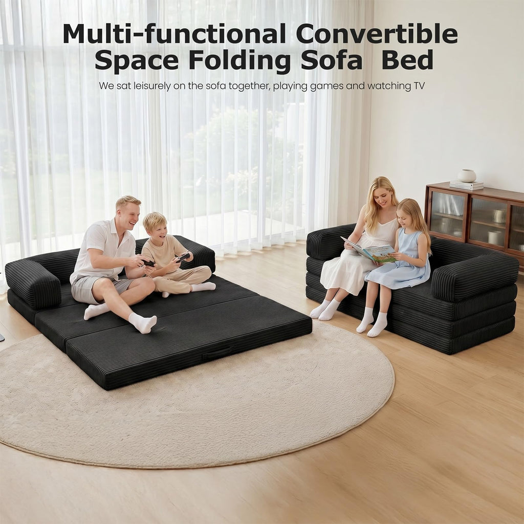 Tri-Fold Foldable Mattress, Convertible Folding Sofa Bed with Removable Arms & Washable Cover, All-in-One Portable Mattress Floor Sofa Bed, No Assembly Required & Non-Slip, Queen Size, Grey