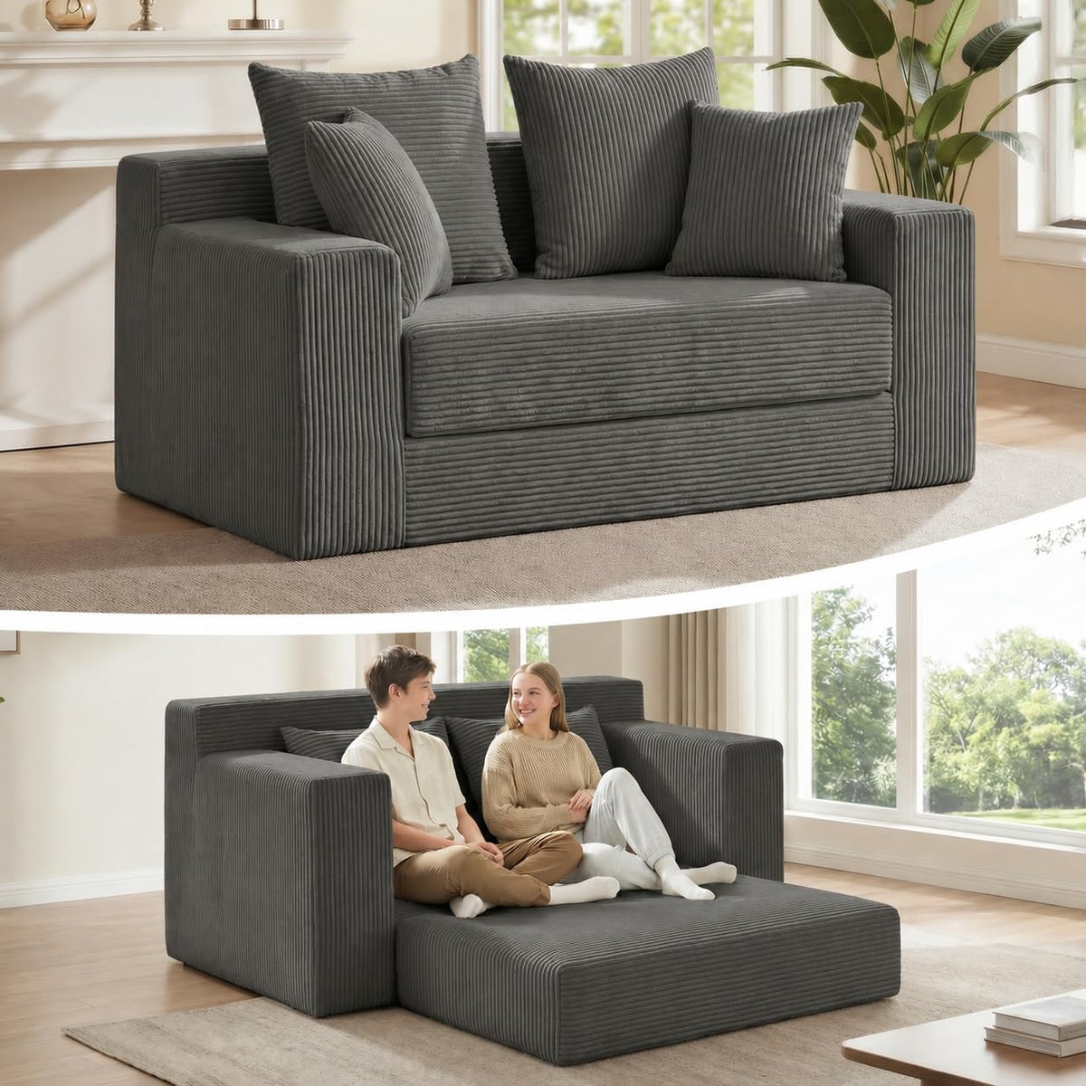 3-in-1 Convertible Sofa Bed: Boneless Loveseat Sleeper & Folding Couch Bed with 4 Pillows & Detachable Cushion, Furry Futon Couch for Bedroom, Apartment, Office and Living Room, No Assembly, Orange