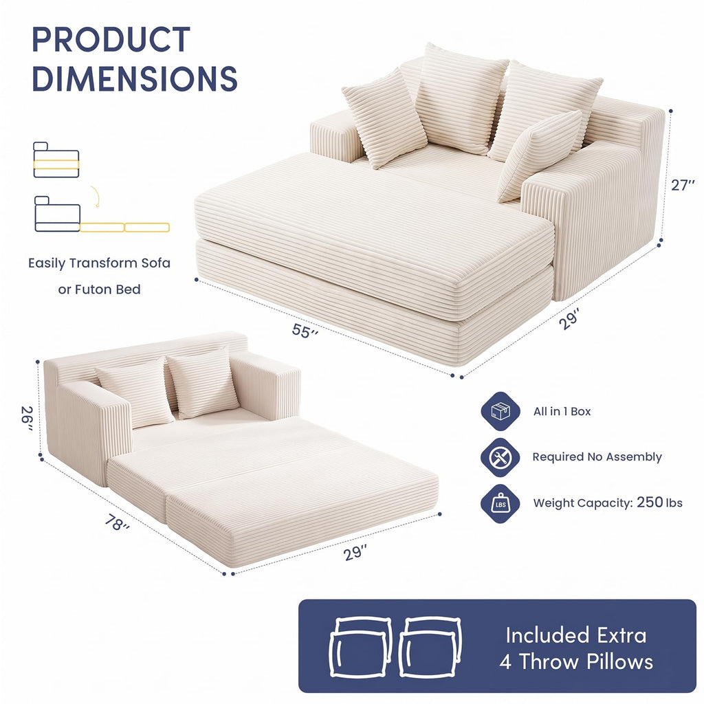 cidludto Convertible Sofa Bed, 3 in 1 Loveseat Folding Couch Bed Foldable - Chaise Lounge Chair & Floor Futon Sofa, Corduroy Pull Out Sofa Bed with 4 Pillows for Living Room, Beige