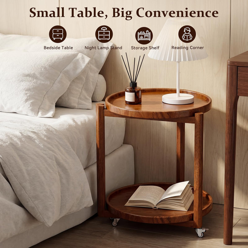 Taitiy Rolling Side Table with Wheels, Small Solid Wood Round End Table