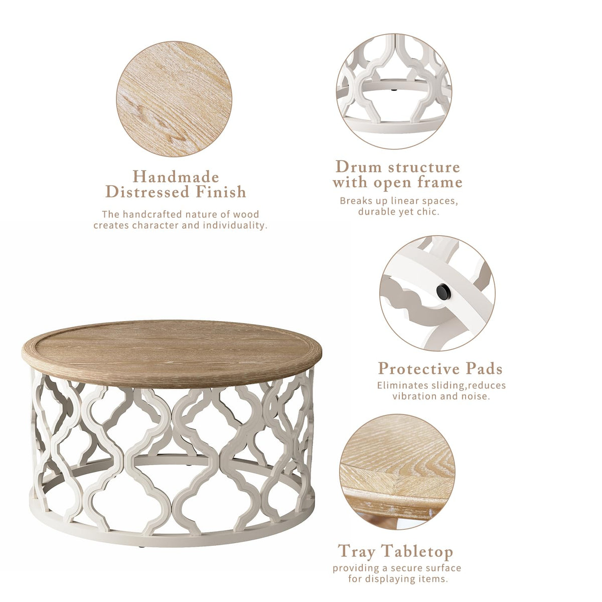 karlott Farmhouse Coffee Table, French Country Round Coffee Table, Beige