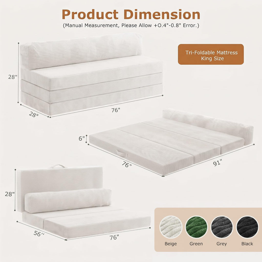 JUIKURY 6 Inch Tri-Fold Memory Foam Mattress Queen Size, 5 in 1 Convertible Sofa Bed, Foldable Floor Futon Sleeper Couch with Washable Cover & High-Density Foam, Portable Guest Bed for Living Room