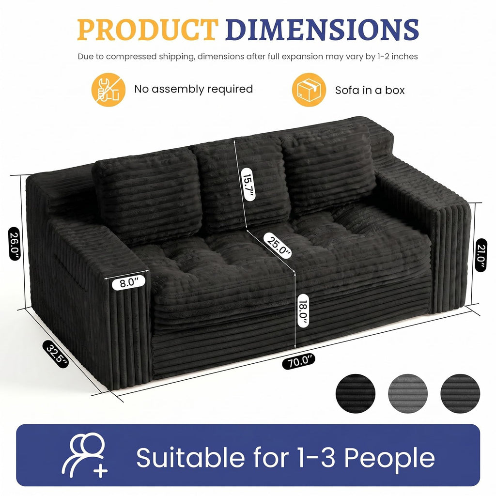 Boneless Couch, Cloud Loveseat Sofa Corduroy Couch in a Box, Upholstered Boneless 3 Seater Couch for Living Room Bedroom Office Apartment