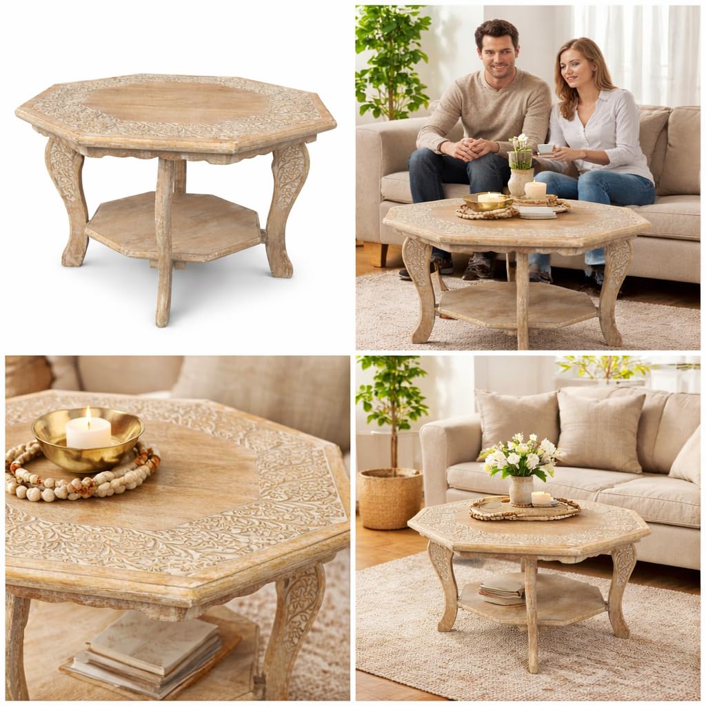 Farmhouse Coffee Table, Jali Carving, 36x24x18 in, Burnt
