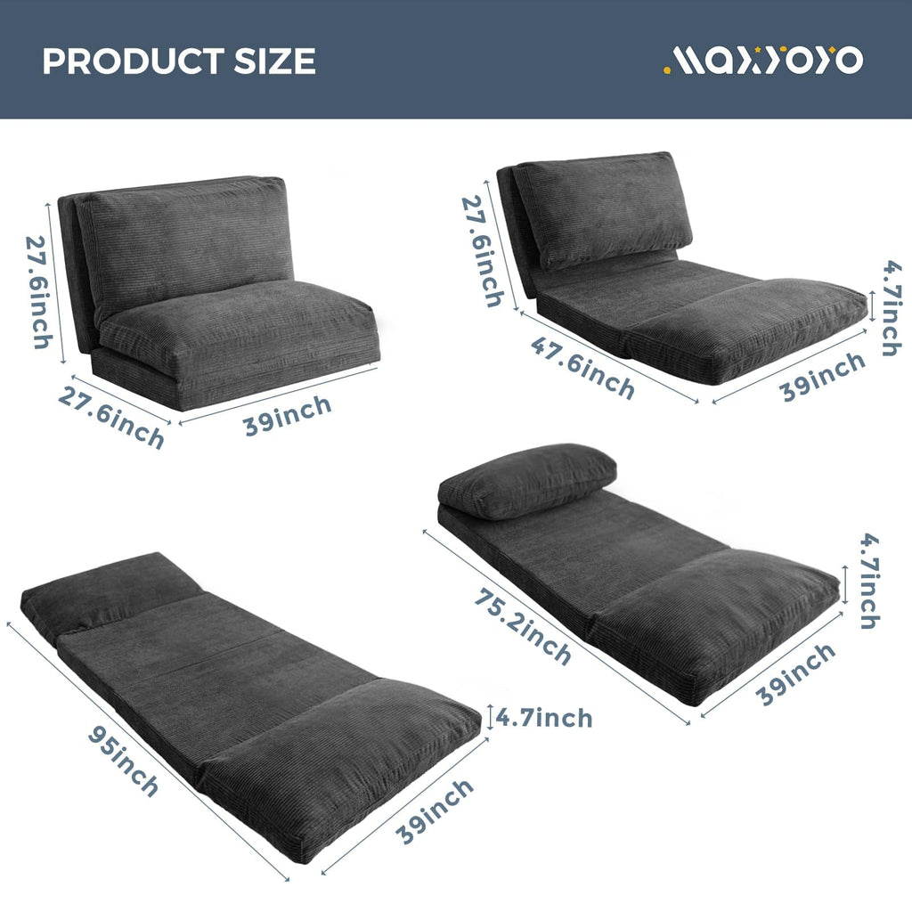 MAXYOYO Folding Sofa Bed, Extra Thick and Long Floor Sofa Convertible Chair with Washable Cover, Floor Couch Lounge Bean Bag Bed for Living Room, Dark Grey, 54x91 Inch