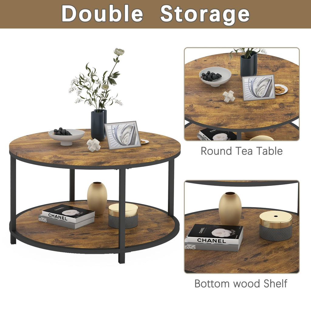NSdirect Round Coffee Table,36" Coffee Table for Living Room,2-Tier Rustic Wood Desktop with Storage Shelf Modern Design Home Furniture(Light Walnut)