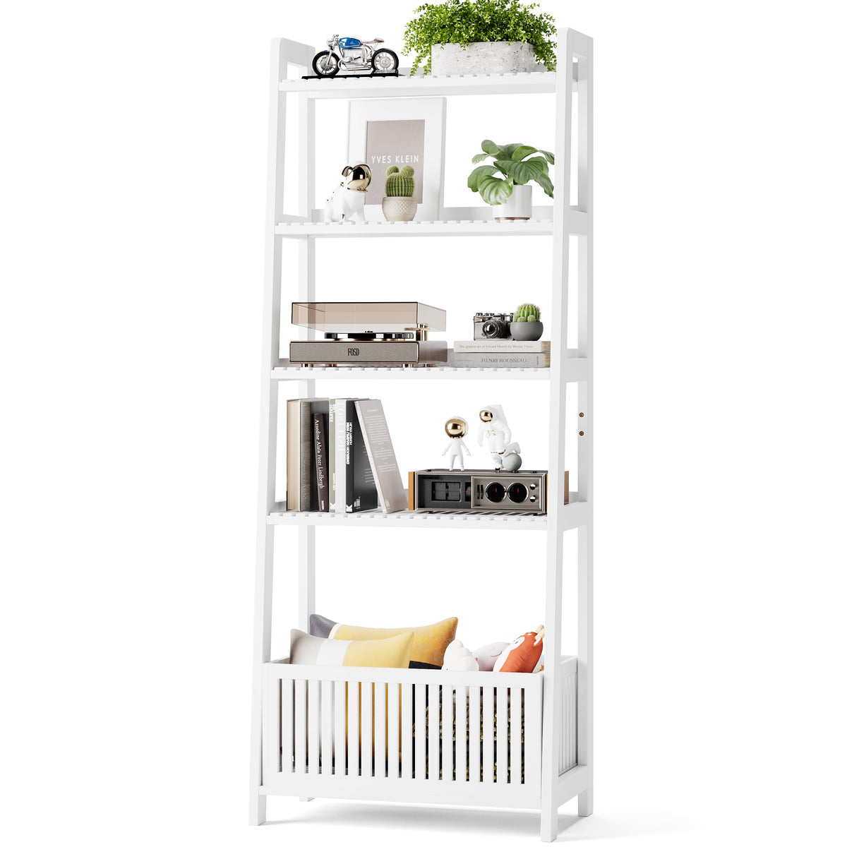Bamjoy Bamboo Ladder Shelf, Bookshelf with 4 Display Shelves and 1 Open Storage Basket, Multifunctional Storage Rack Organizer for Home Office, Bedroom, Living Room, 66â H Natural