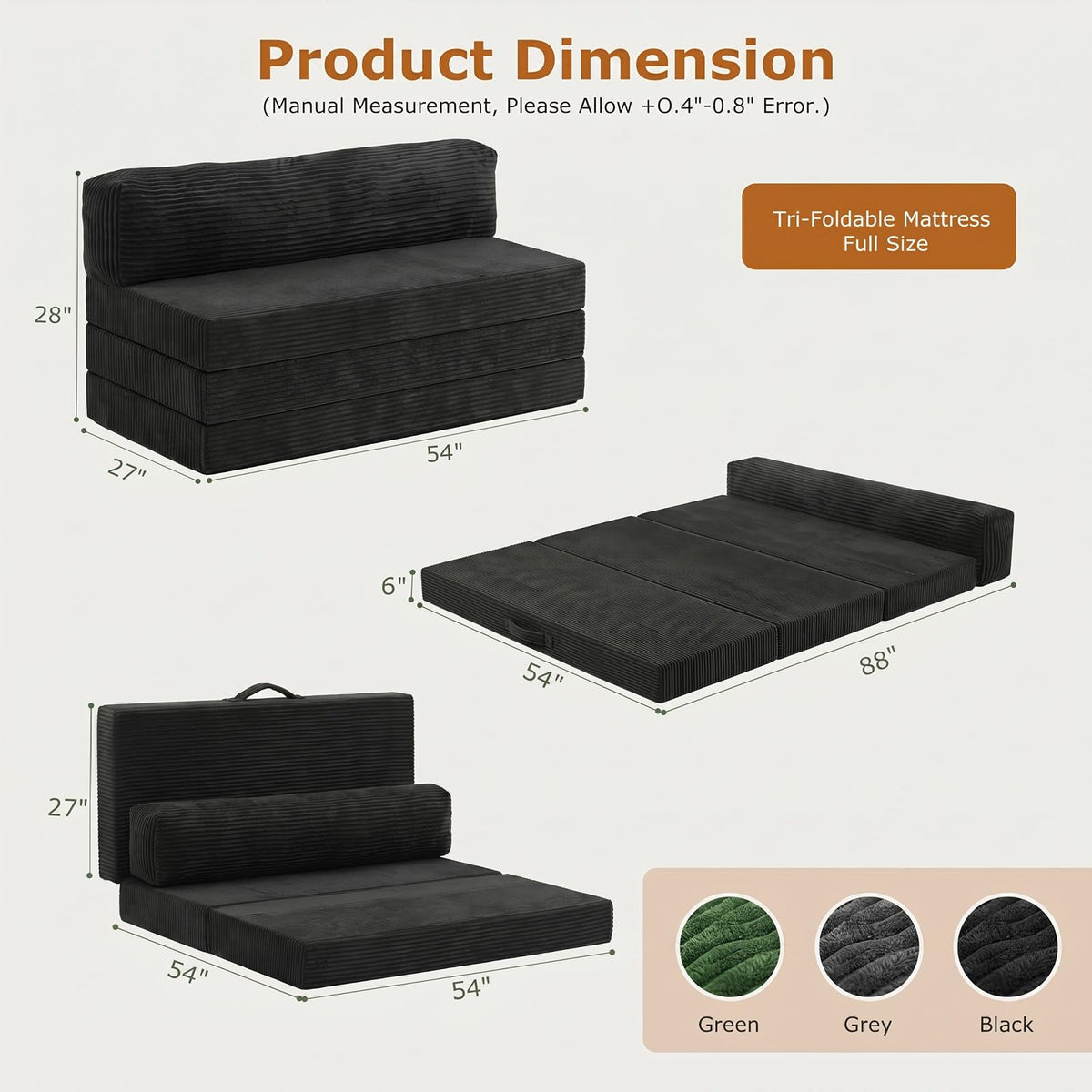 JUIKURY 6 Inch Tri-Fold Memory Foam Mattress Queen Size, 5 in 1 Convertible Sofa Bed, Foldable Floor Futon Sleeper Couch with Washable Cover & High-Density Foam, Portable Guest Bed for Living Room