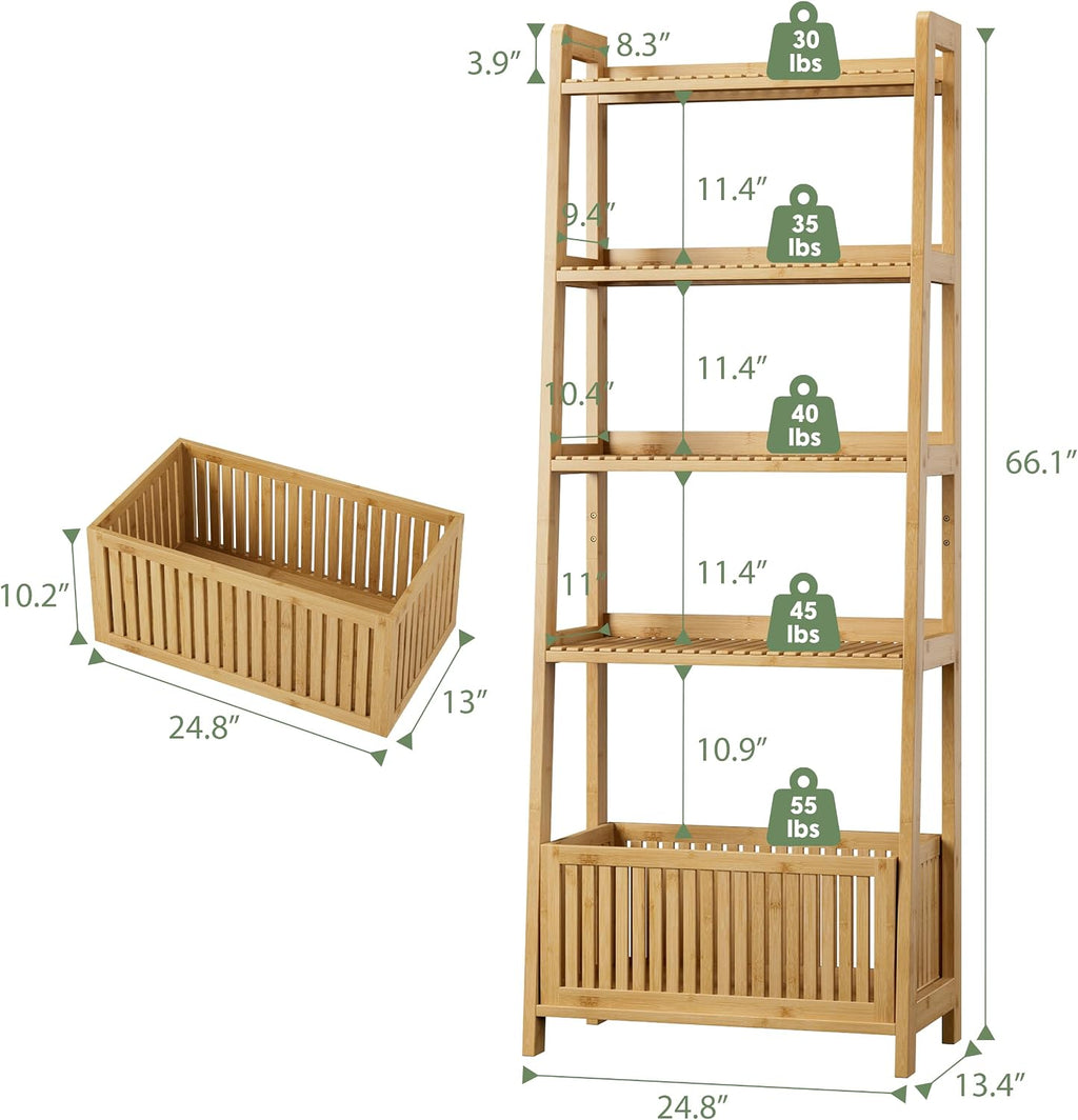 Bamjoy Bamboo Ladder Shelf, Bookshelf with 4 Display Shelves and 1 Open Storage Basket, Multifunctional Storage Rack Organizer for Home Office, Bedroom, Living Room, 66â H Natural