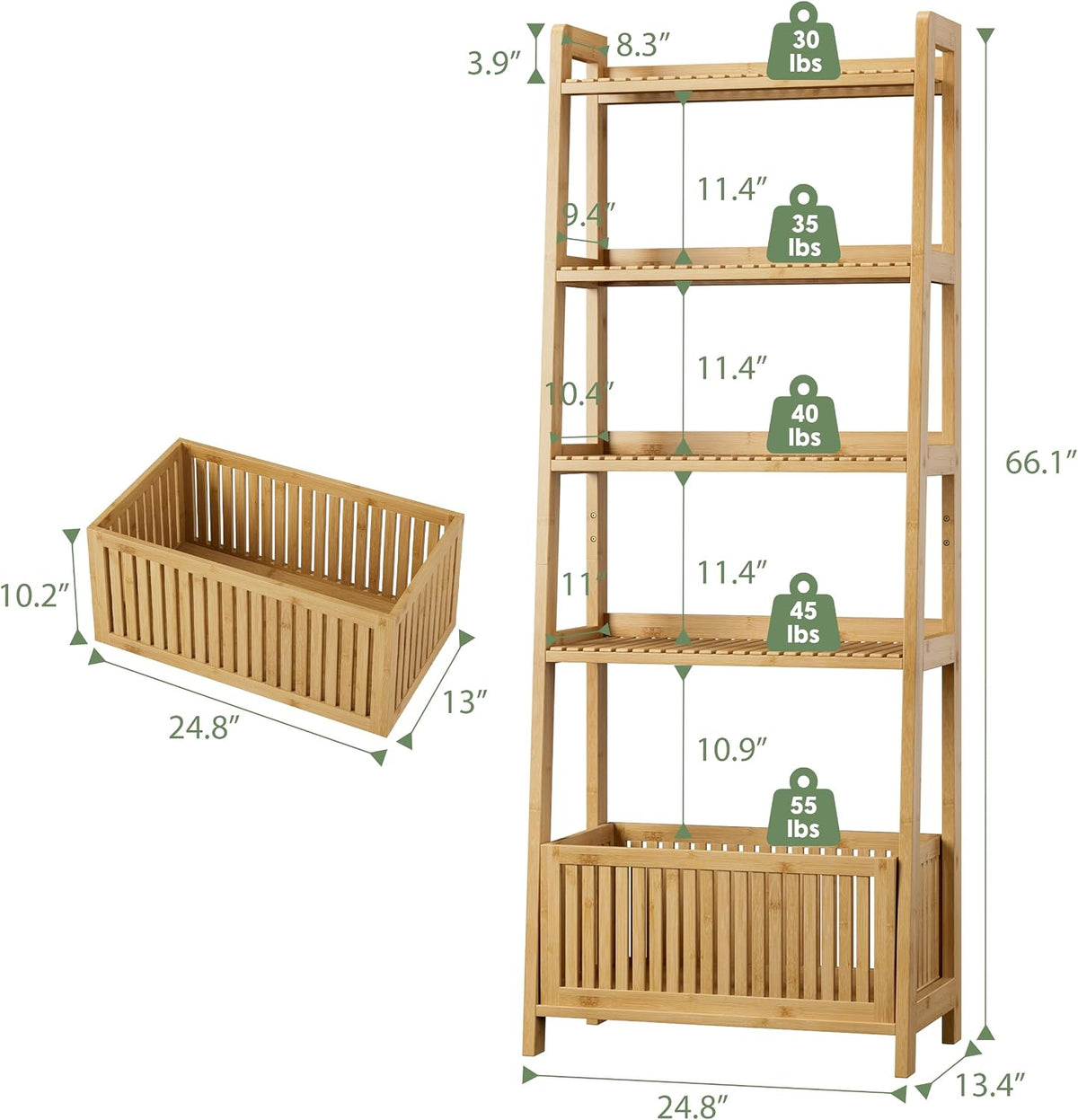 Bamjoy Bamboo Ladder Shelf, Bookshelf with 4 Display Shelves and 1 Open Storage Basket, Multifunctional Storage Rack Organizer for Home Office, Bedroom, Living Room, 66â H Natural