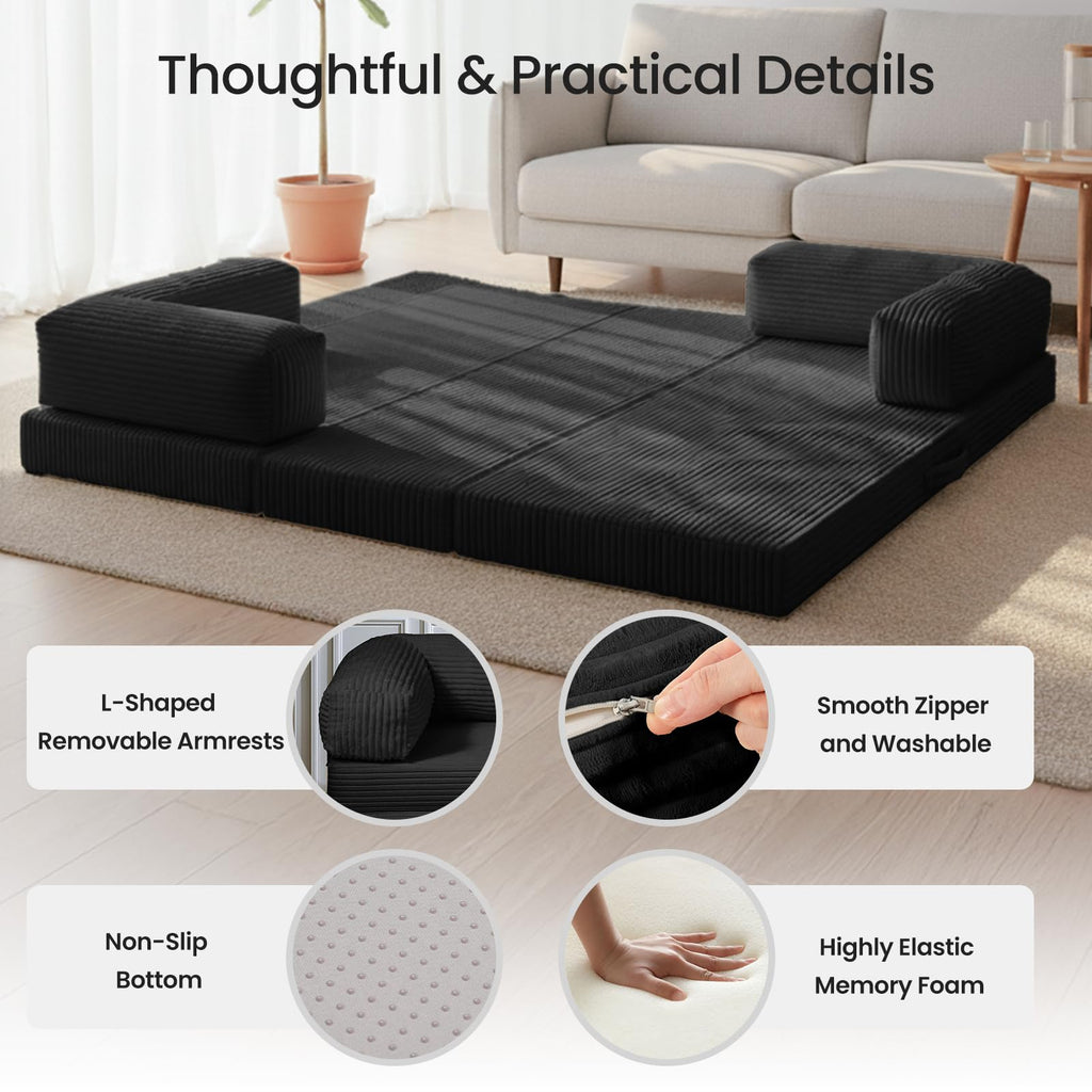 Tri-Fold Foldable Mattress, Convertible Folding Sofa Bed with Removable Arms & Washable Cover, All-in-One Portable Mattress Floor Sofa Bed, No Assembly Required & Non-Slip, Queen Size, Grey