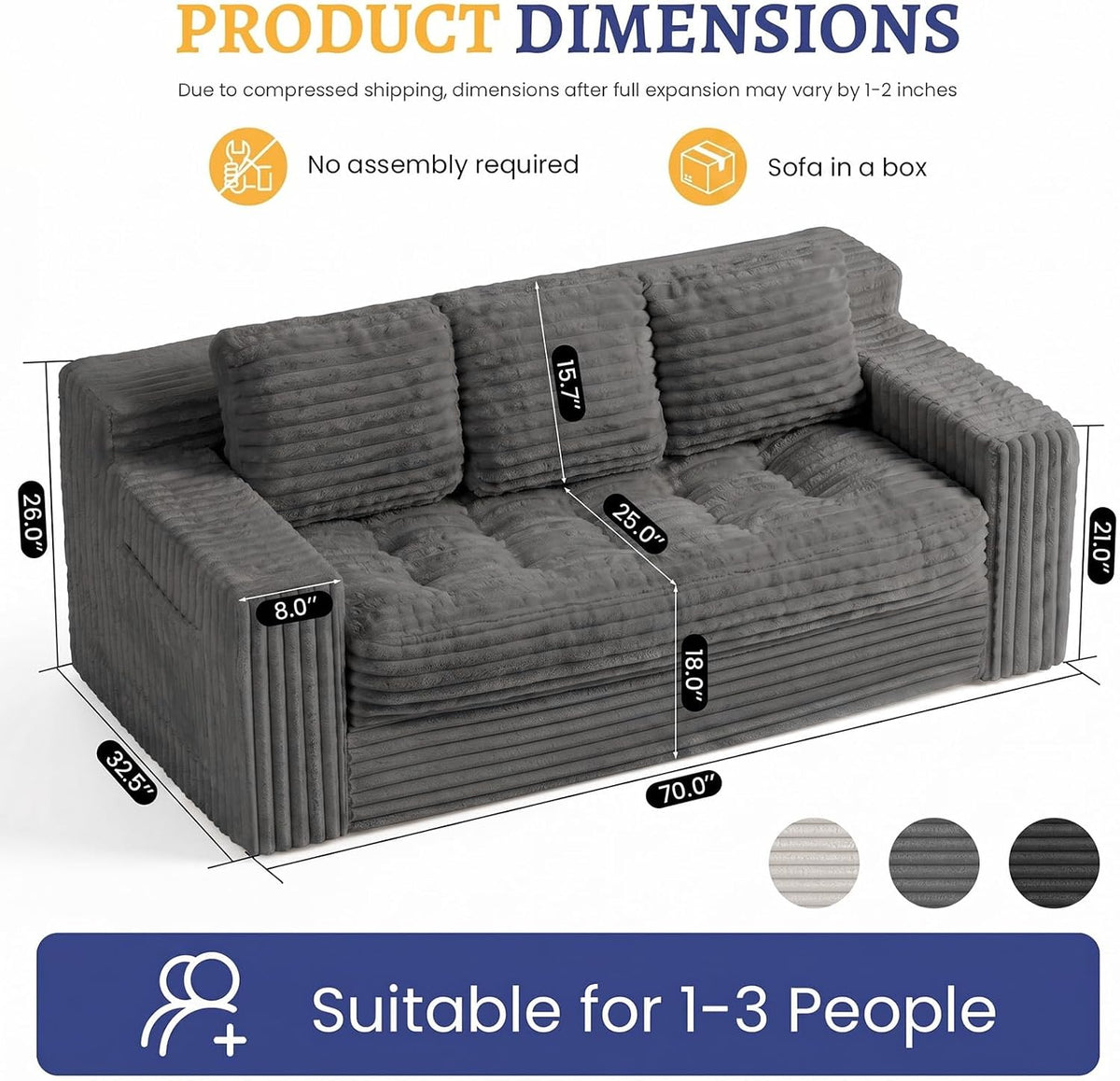 Boneless Couch, Cloud Loveseat Sofa Corduroy Couch in a Box, Upholstered Boneless 3 Seater Couch for Living Room Bedroom Office Apartment