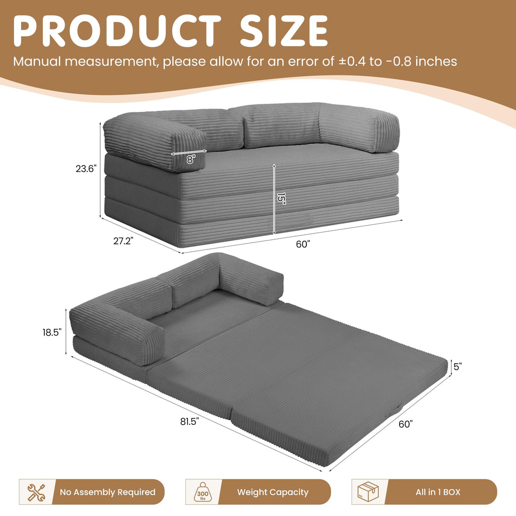 Convertible Sofa Bed Queen,5-in-1 Boneless Couch with Removable Armrests & Handle,Corduroy Futon Sleeper Sofa,Floor Folding Mattress Pull Out Bed for Small Space Apartment Living Room Bedroom,Green