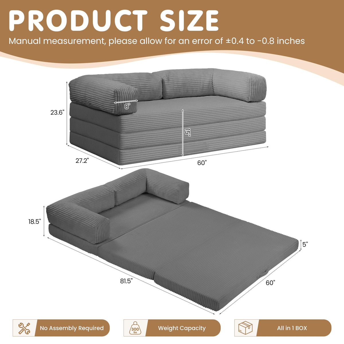Convertible Sofa Bed Queen,5-in-1 Boneless Couch with Removable Armrests & Handle,Corduroy Futon Sleeper Sofa,Floor Folding Mattress Pull Out Bed for Small Space Apartment Living Room Bedroom,Green