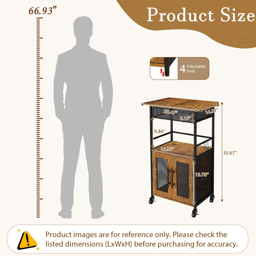 Hencawima Coffee Bar Cabinet, 3 Tier Coffee Station Table on Wheels, 35.9" H Bar Cart with Wire Basket Drawer & 5 Hooks for Home Kitchen, Liquor Buffet Sideboard Cabinet (Rustic Brown)