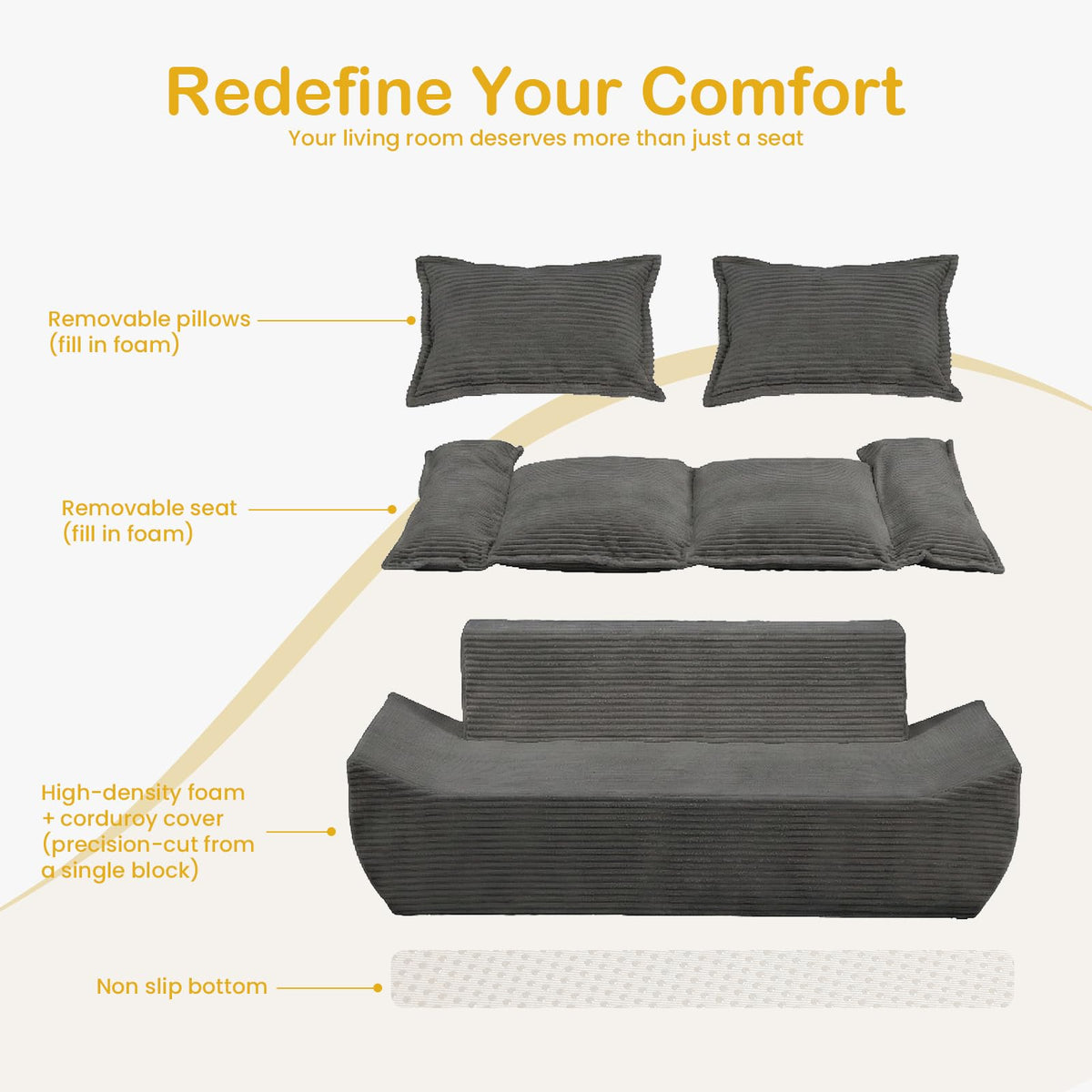 56" Boneless Loveseat, 2-Seater Black Boneless Sofa with Removable Cushions & 2 Pillows, Small Mini Couch Boneless Foam Sofa for Living Room, Apartments, & Office