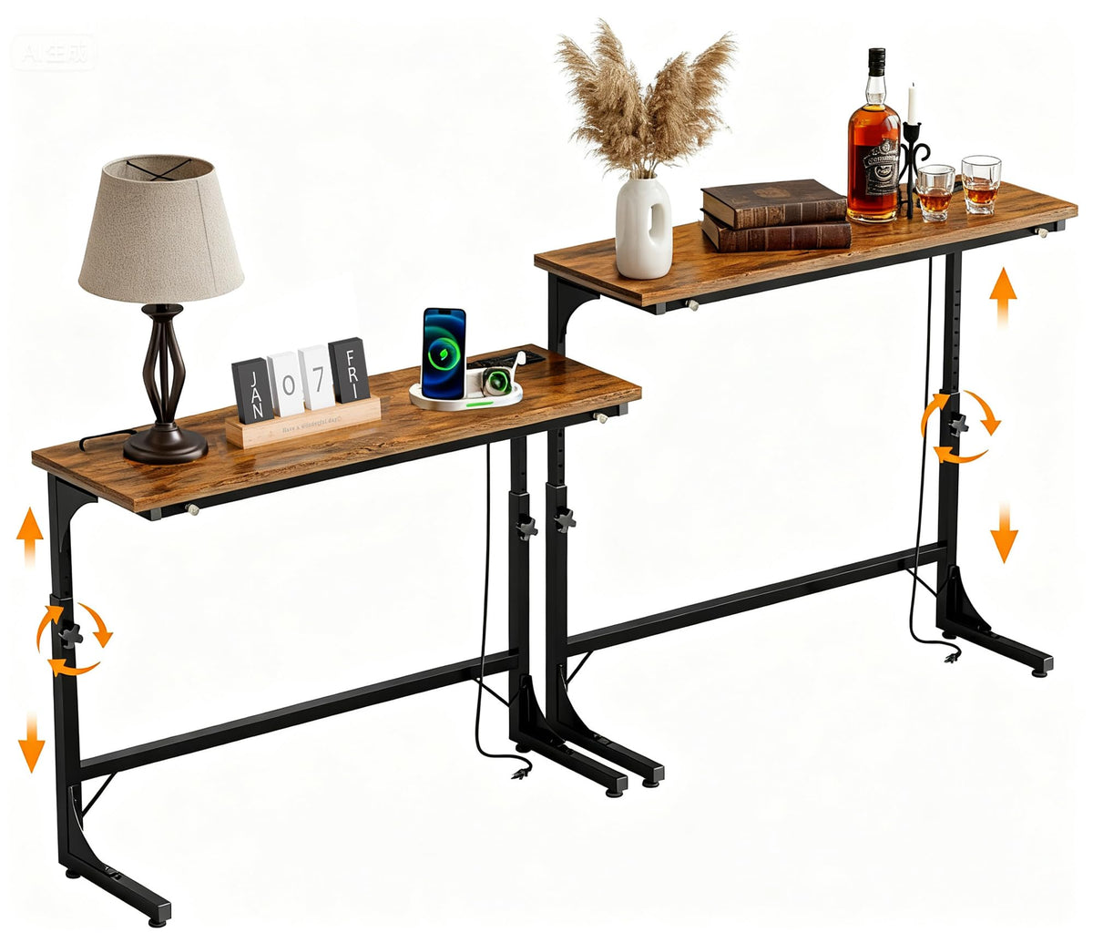 106"-157" Adjustable Length Behind Couch Sofa Table with 3 Power Outlets