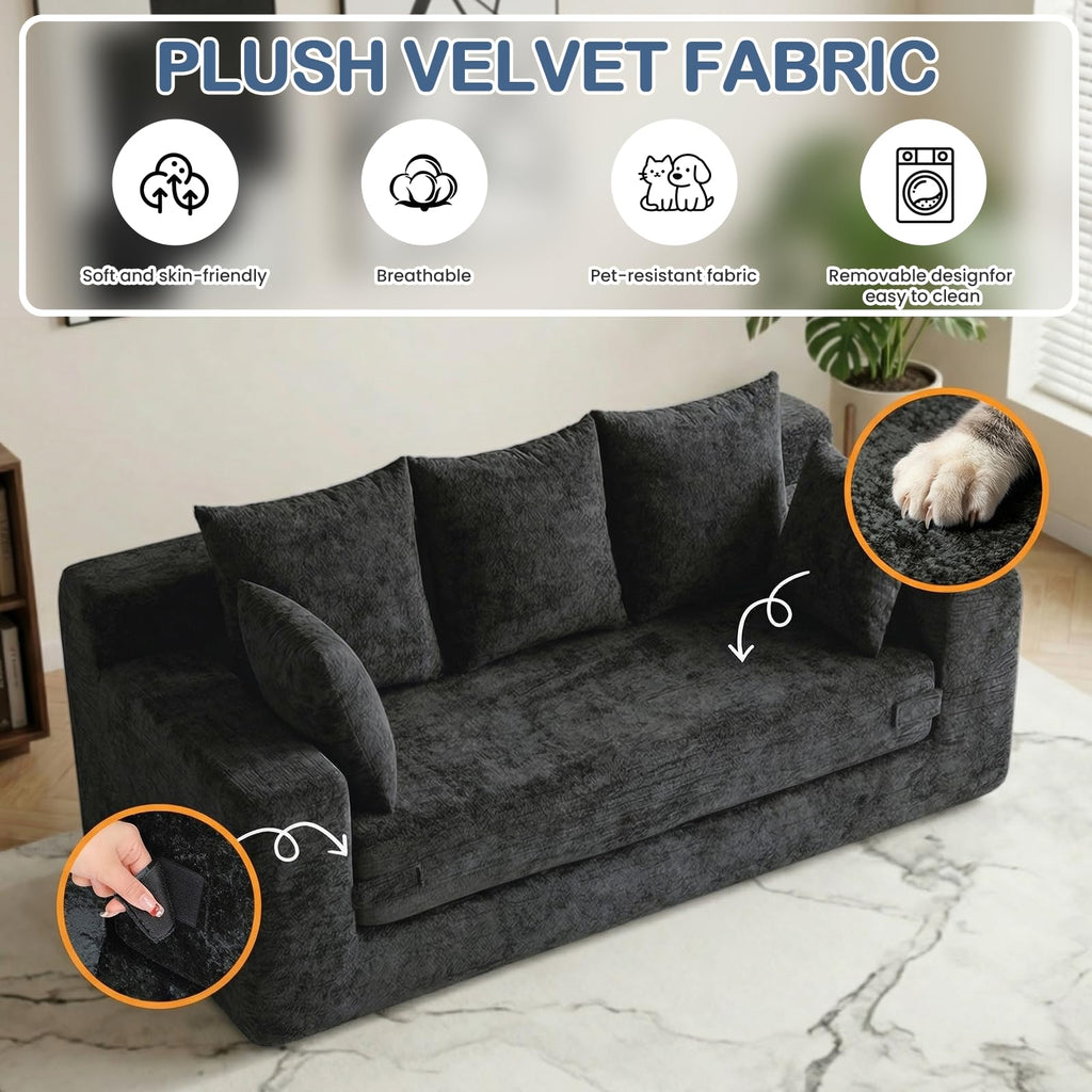 55" Small Boneless Couch, 3-in-1 Boneless Loveseat Sleeper Sofa Bed Convertible Sofa Bed with 4 Pillows, Black Corduroy Boneless Couch for Living Room, Guest Room, Small Space, No Assembly Required