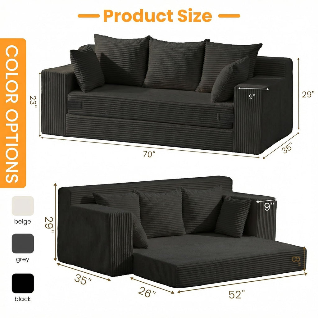 55" Small Boneless Couch, 3-in-1 Boneless Loveseat Sleeper Sofa Bed Convertible Sofa Bed with 4 Pillows, Black Corduroy Boneless Couch for Living Room, Guest Room, Small Space, No Assembly Required