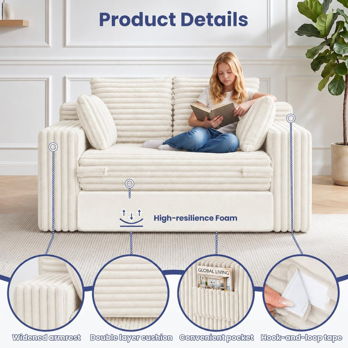 3-in-1 Convertible Sofa Bed: Boneless Loveseat Sleeper & Folding Couch Bed with 4 Pillows & Detachable Cushion,Furry Futon Couch for Bedroom,Apartment,Office and Living Room, No Assembly,Beige