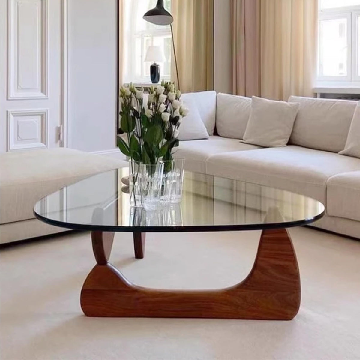 EASYSOUL Modern Glass Coffee Table, 32.68" D x 22.44" W x 15.75" H, Abstract Round Tea Tables for Living Room Home Office Industrial Cocktail Tables (Walnut-Brown Glass, 32.68")