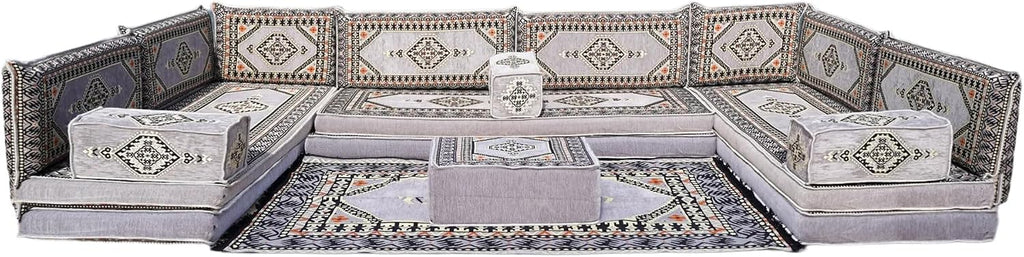 Gray L Shaped Pallet Cushions, Arabic Floor Sofa Set, Oriental Floor Seating, Sectional Floor Cushion, Indoor Floor Pillows, Arabic Majlis Set, Sofa Bed (U Sofa + Rug + Ottoman, 8'' Thickness (20 cm))