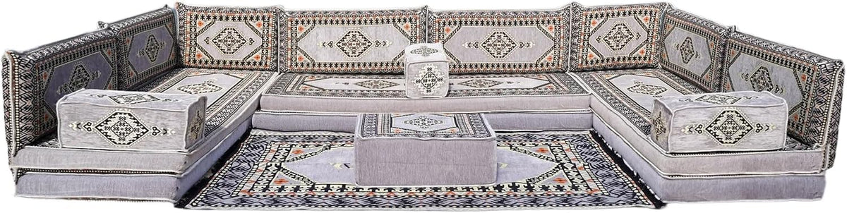 Gray L Shaped Pallet Cushions, Arabic Floor Sofa Set, Oriental Floor Seating, Sectional Floor Cushion, Indoor Floor Pillows, Arabic Majlis Set, Sofa Bed (U Sofa + Rug + Ottoman, 8'' Thickness (20 cm))