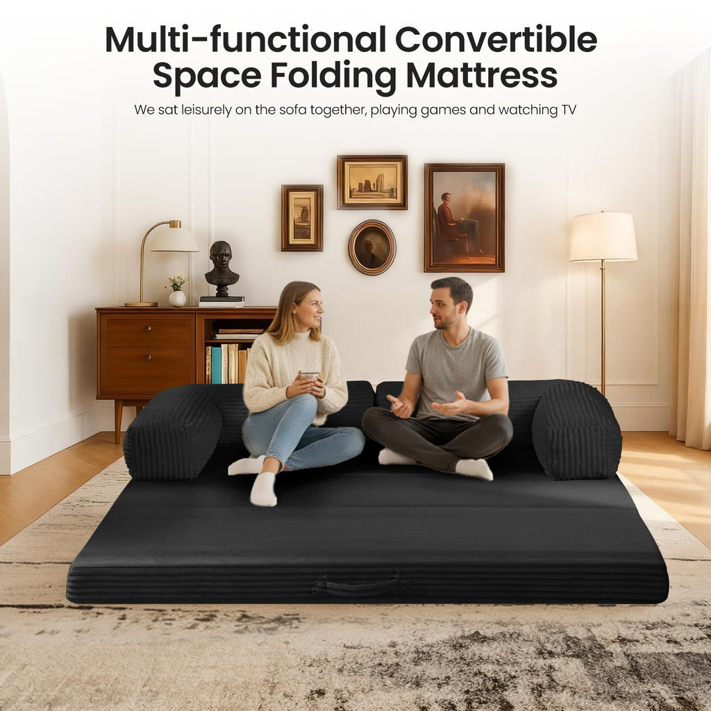 Tri-Fold Foldable Mattress, Convertible Folding Sofa Bed with Removable Arms & Washable Cover, All-in-One Portable Mattress Floor Sofa Bed, No Assembly Required & Non-Slip, Queen Size, Grey