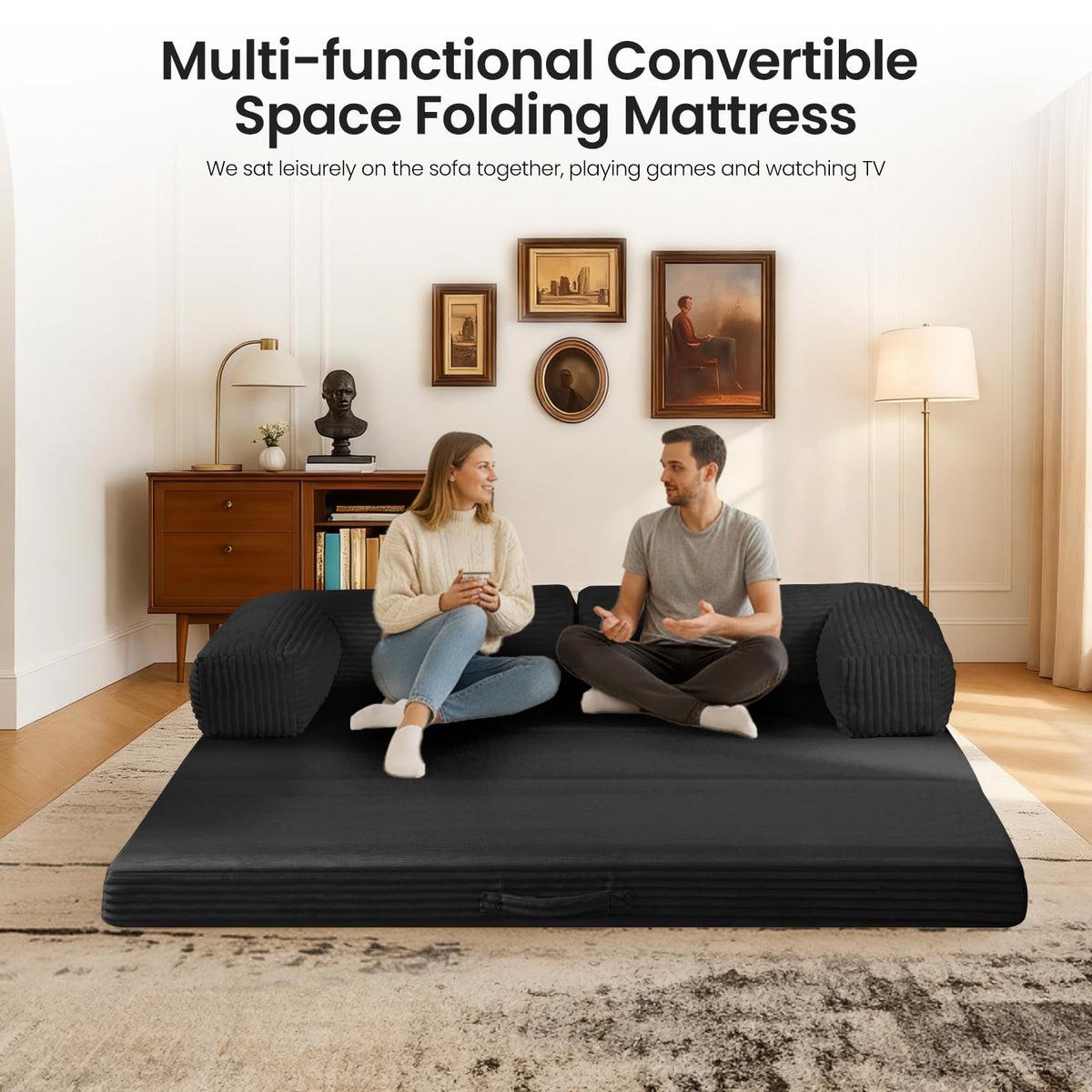 Tri-Fold Foldable Mattress, Convertible Folding Sofa Bed with Removable Arms & Washable Cover, All-in-One Portable Mattress Floor Sofa Bed, No Assembly Required & Non-Slip, Queen Size, Grey