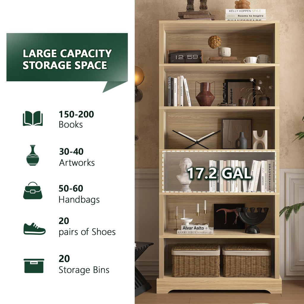 TVU 5 Tiers Wooden Bookshelf, 65.2" Tall Farmhouse Style Open Bookcase, 31.5" Wide Standing Book Shelf with Storage for Study Room, Living Room, Walnut Brown