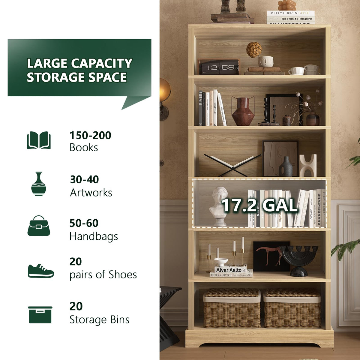 TVU 5 Tiers Wooden Bookshelf, 65.2" Tall Farmhouse Style Open Bookcase, 31.5" Wide Standing Book Shelf with Storage for Study Room, Living Room, Walnut Brown
