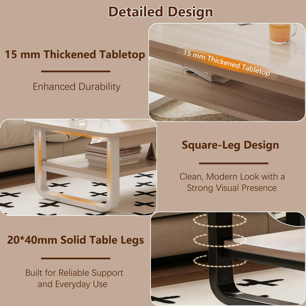Coffee Table for Living Room with 2-Tier Storage Shelf, 39 inch Rectangular Wooden Center Table, Large Industrial Coffee Tables with Metal Leg & Rounded Corners for Home Office(Black)