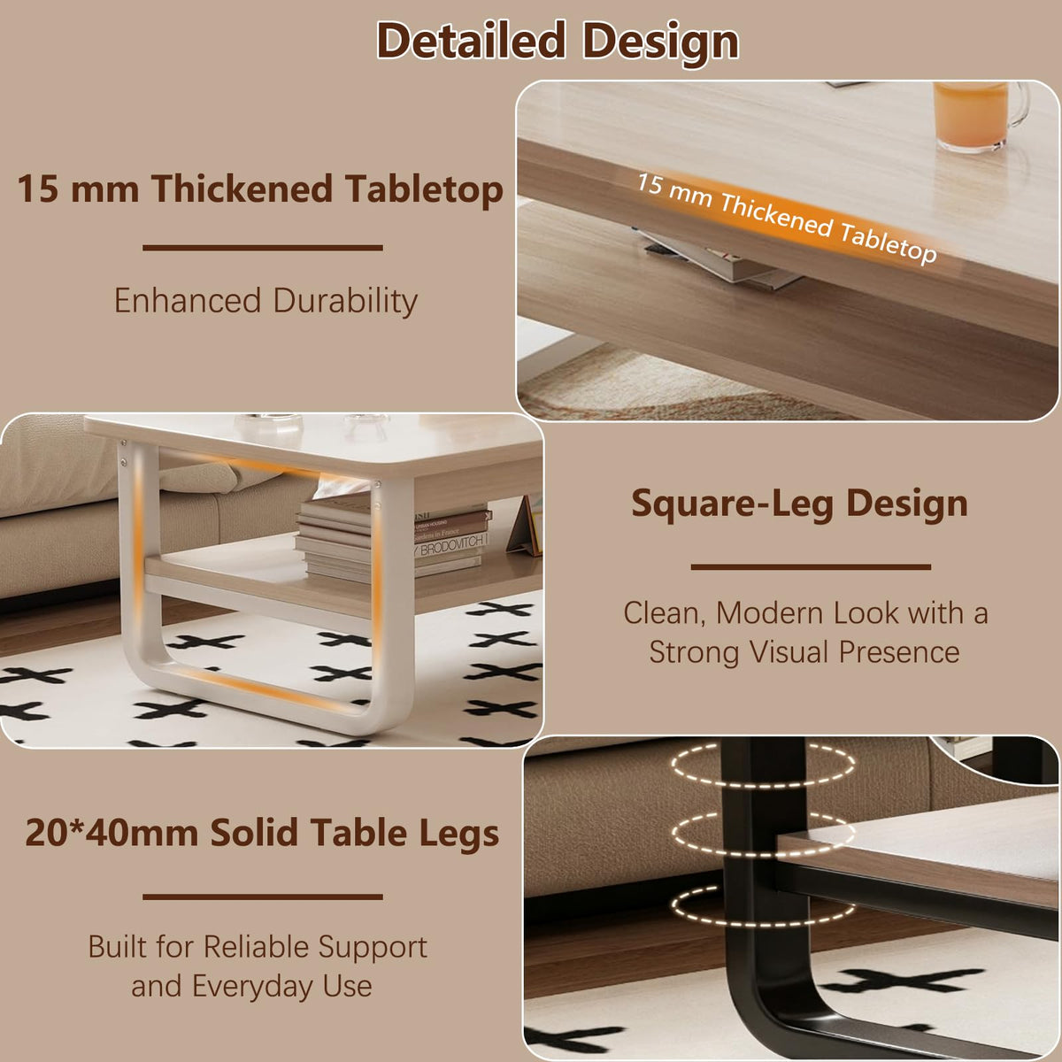Coffee Table for Living Room with 2-Tier Storage Shelf, 39 inch Rectangular Wooden Center Table, Large Industrial Coffee Tables with Metal Leg & Rounded Corners for Home Office(Black)