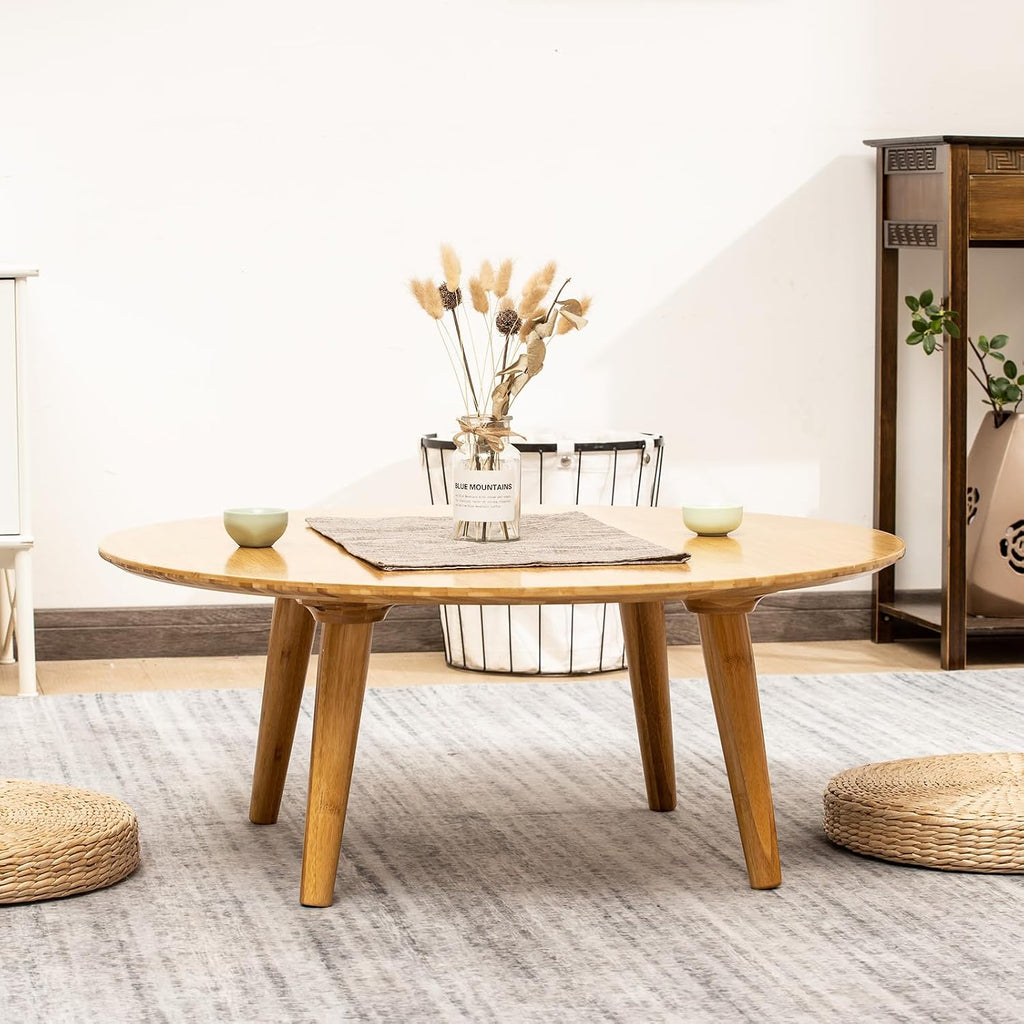 Furlide Small Round Coffee Table, Bamboo Mid Century Floor Table