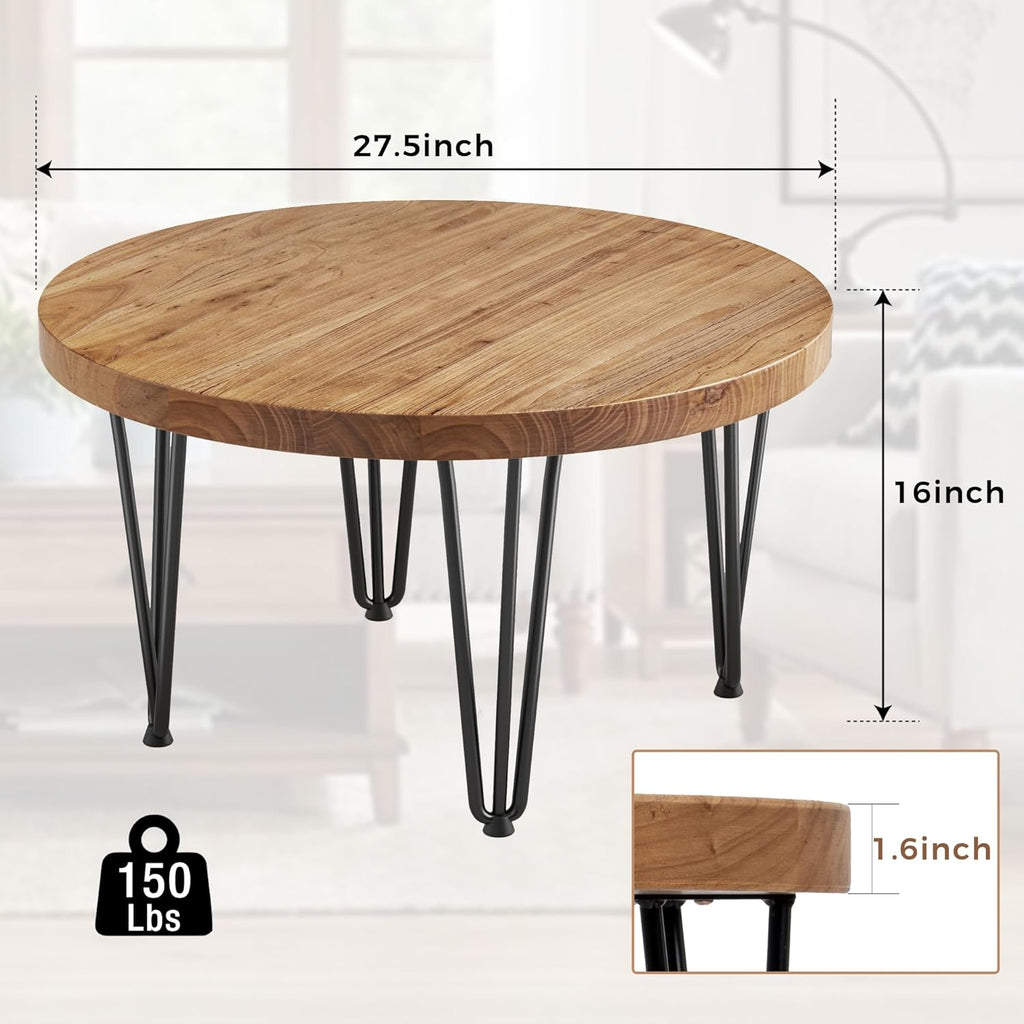 FLYJOE Rustic Wood Round Coffee Table with Metal Legs, Solid Elm Wood Top and Non-Slip Feet Pads - Farmhouse Style for Living Room, Natural